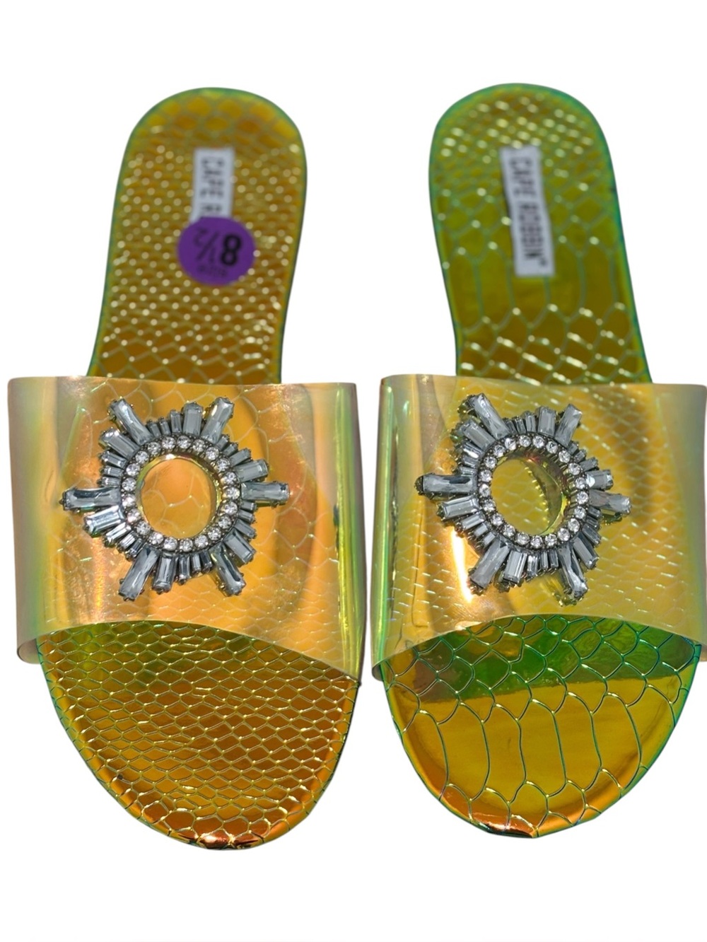 Cape Robbin Iridescent Gold-Green Slide Sandals with Crystal Sunburst Size 8.5